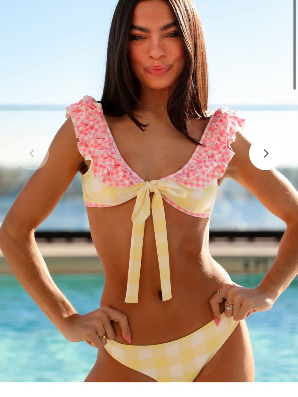 Yellow & Pink Gingham Tie-Front Ruffle Bikini Top and Briefs